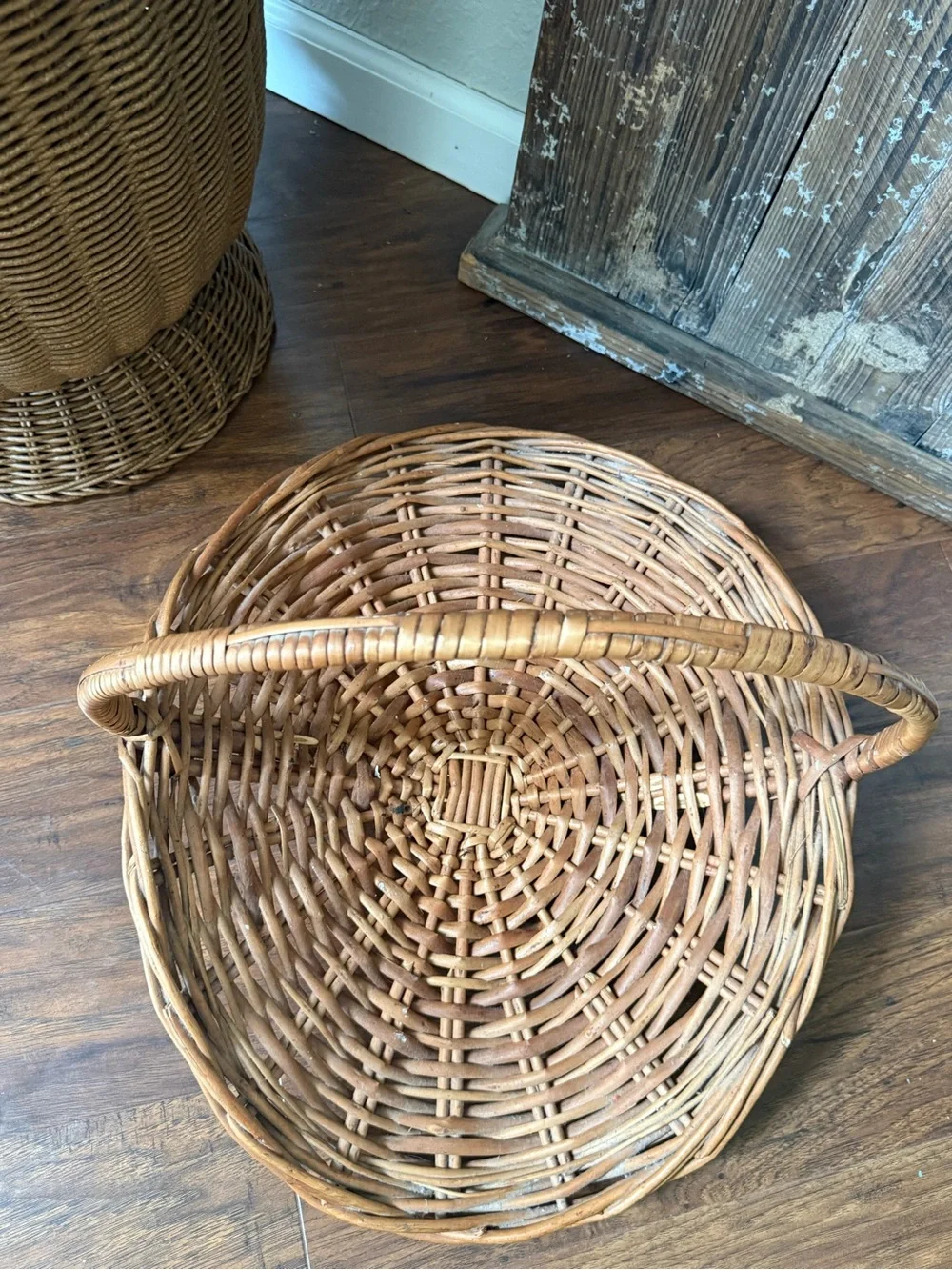Large Mid Century French Style Flower Gathering Wicker Basket with Handle